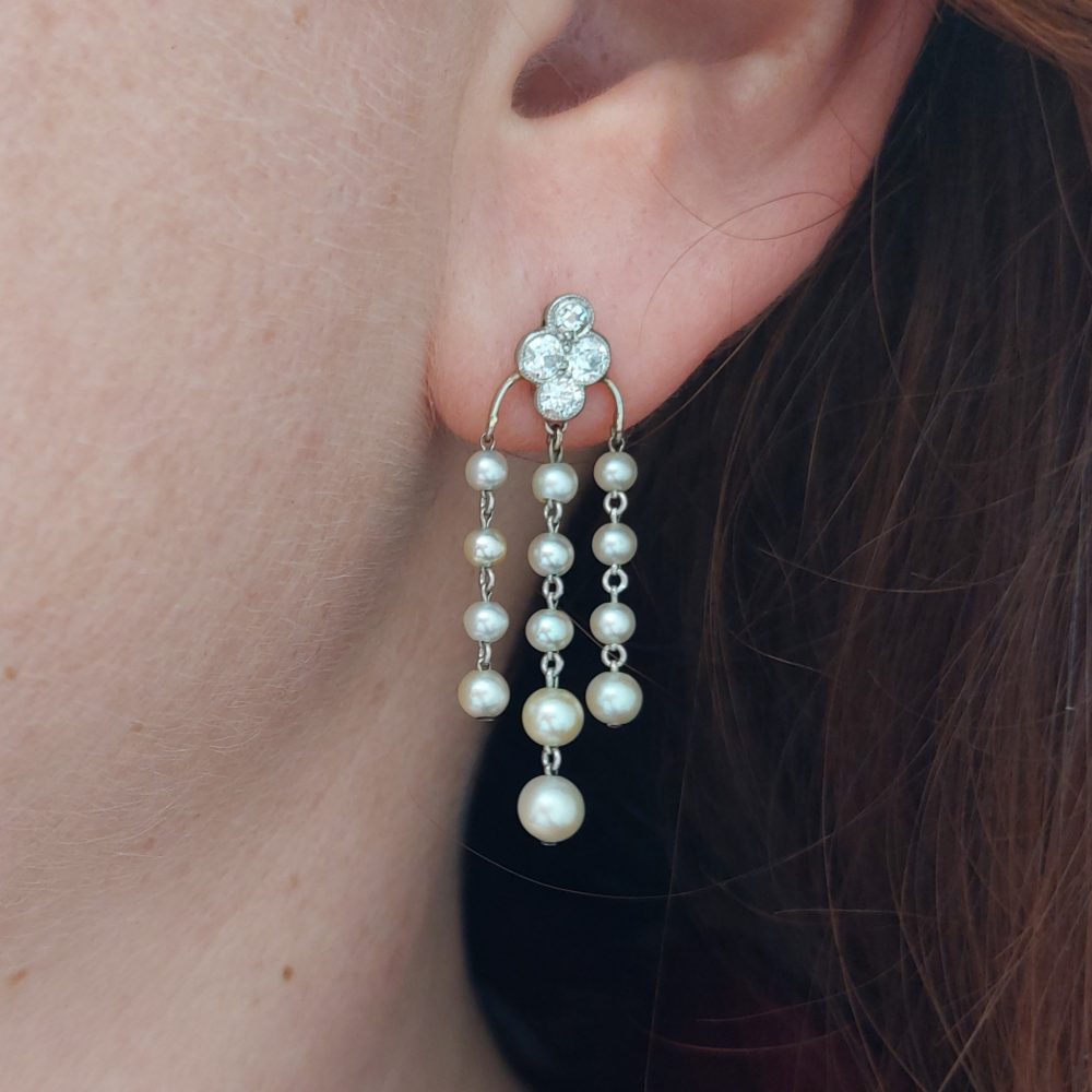 Art Deco Antique Natural Pearl and Diamond Tassel Drop Earrings