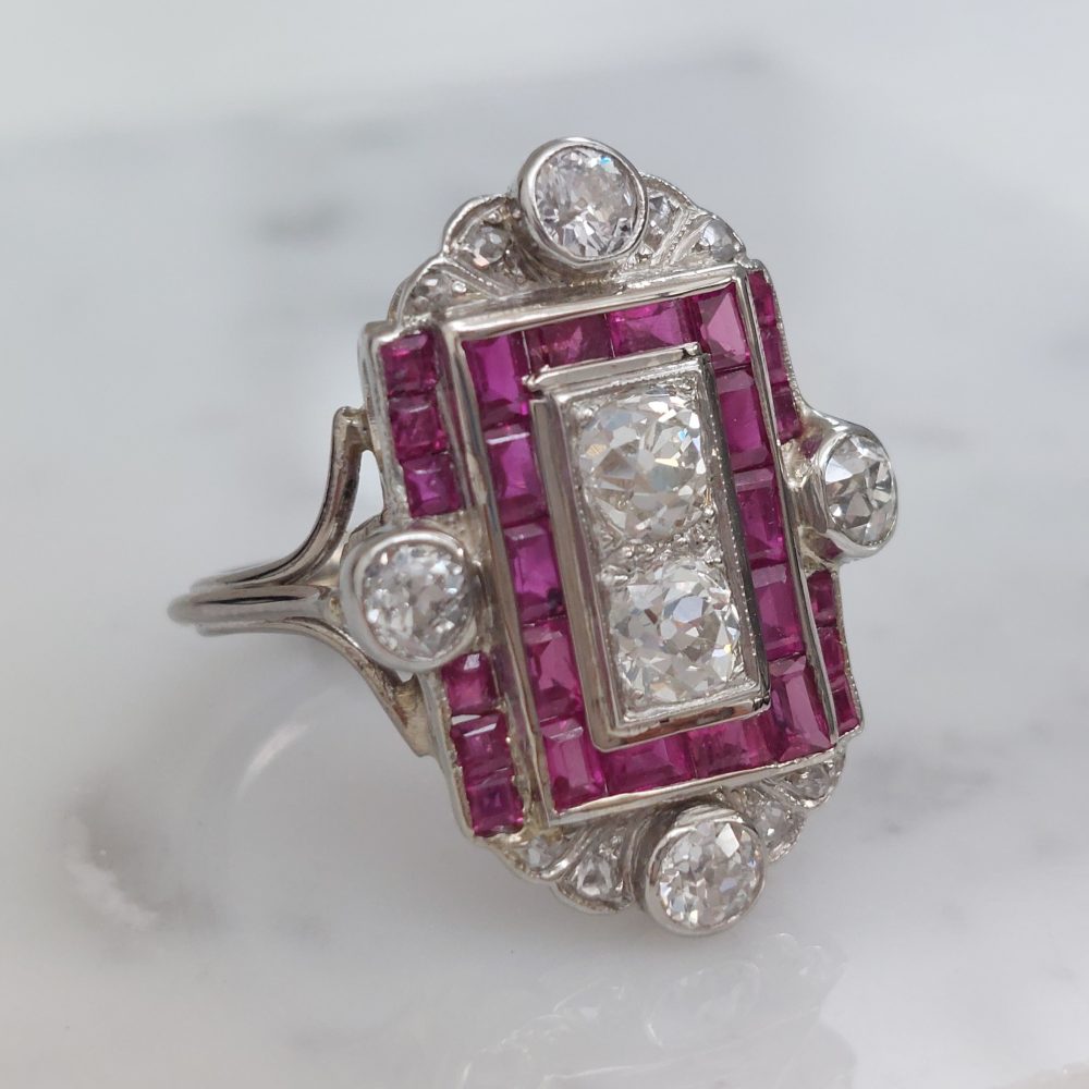 Art Deco Antique Old Cut Diamond and Ruby Tablet Ring, 1.75ct