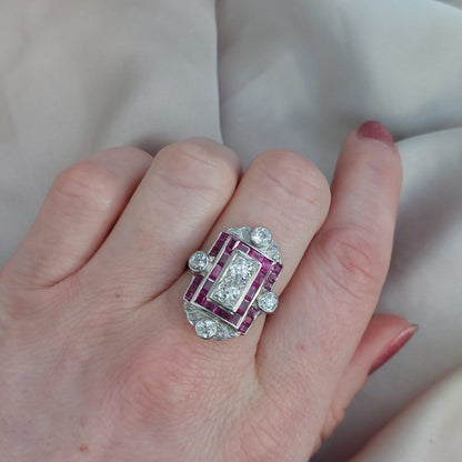 Art Deco Antique Old Cut Diamond and Ruby Tablet Ring, 1.75ct