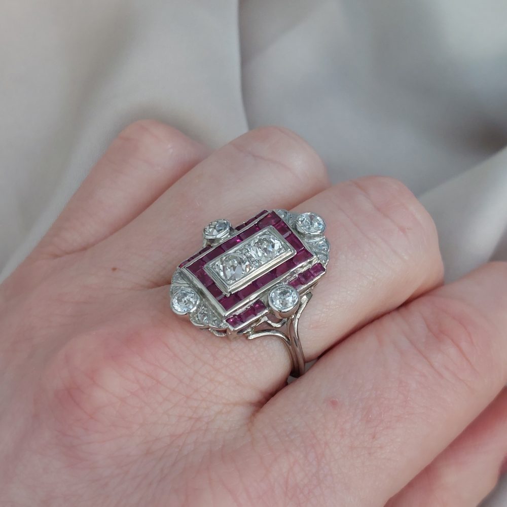 Art Deco Antique Old Cut Diamond and Ruby Tablet Ring, 1.75ct