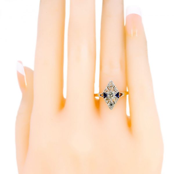 Art Deco Antique Old European Cut Diamond and Sapphire Ring