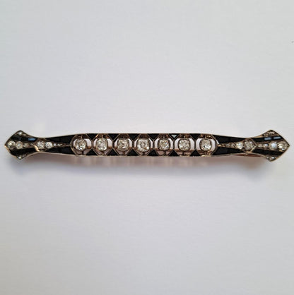 Art Deco Antique Old Mine Cut Diamond & Onyx Bar Brooch