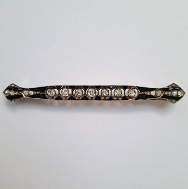 Art Deco Antique Old Mine Cut Diamond & Onyx Bar Brooch