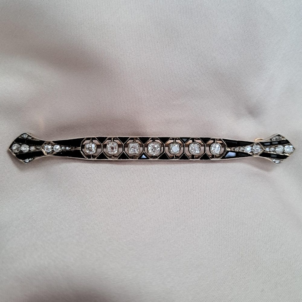 Art Deco Antique Old Mine Cut Diamond & Onyx Bar Brooch