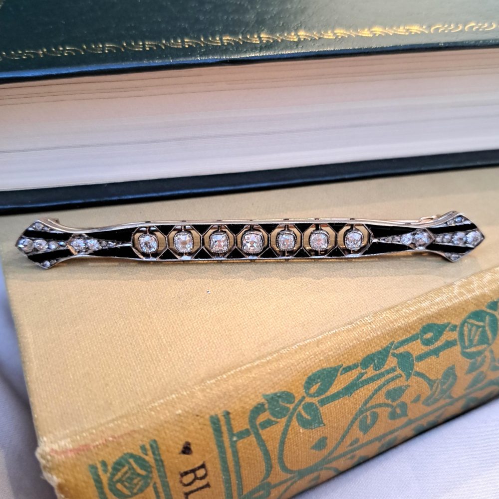 Art Deco Antique Old Mine Cut Diamond & Onyx Bar Brooch
