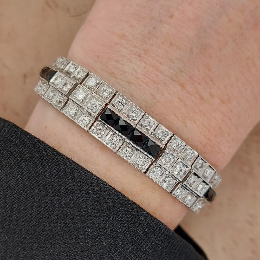 Art Deco Antique Onyx Diamond Bracelet, 8cts