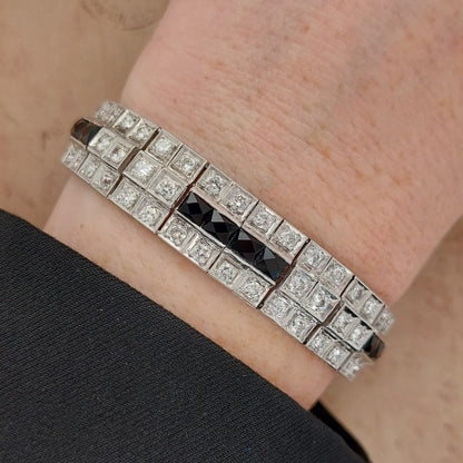 Art Deco Antique Onyx Diamond Bracelet, 8cts