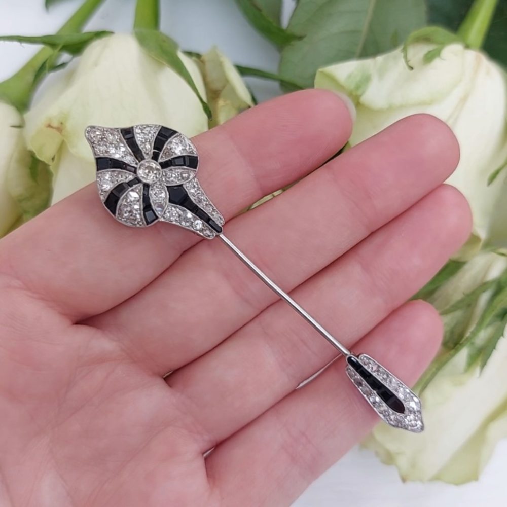 Art Deco Antique Onyx and Diamond Jabot Pin