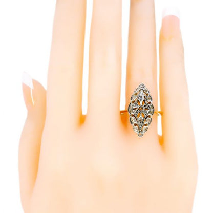 Art Deco Antique Rose Cut Diamond Navette Shaped Ring