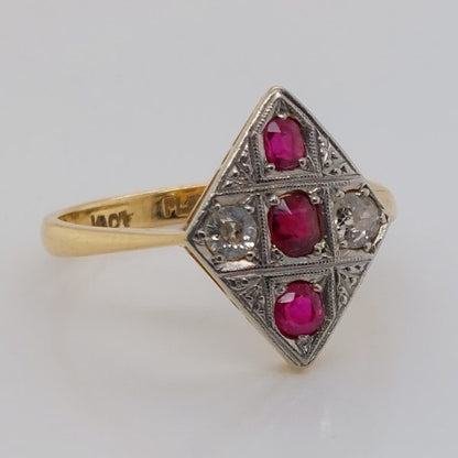 Art Deco Antique Ruby and Old Cut Diamond Kite Ring