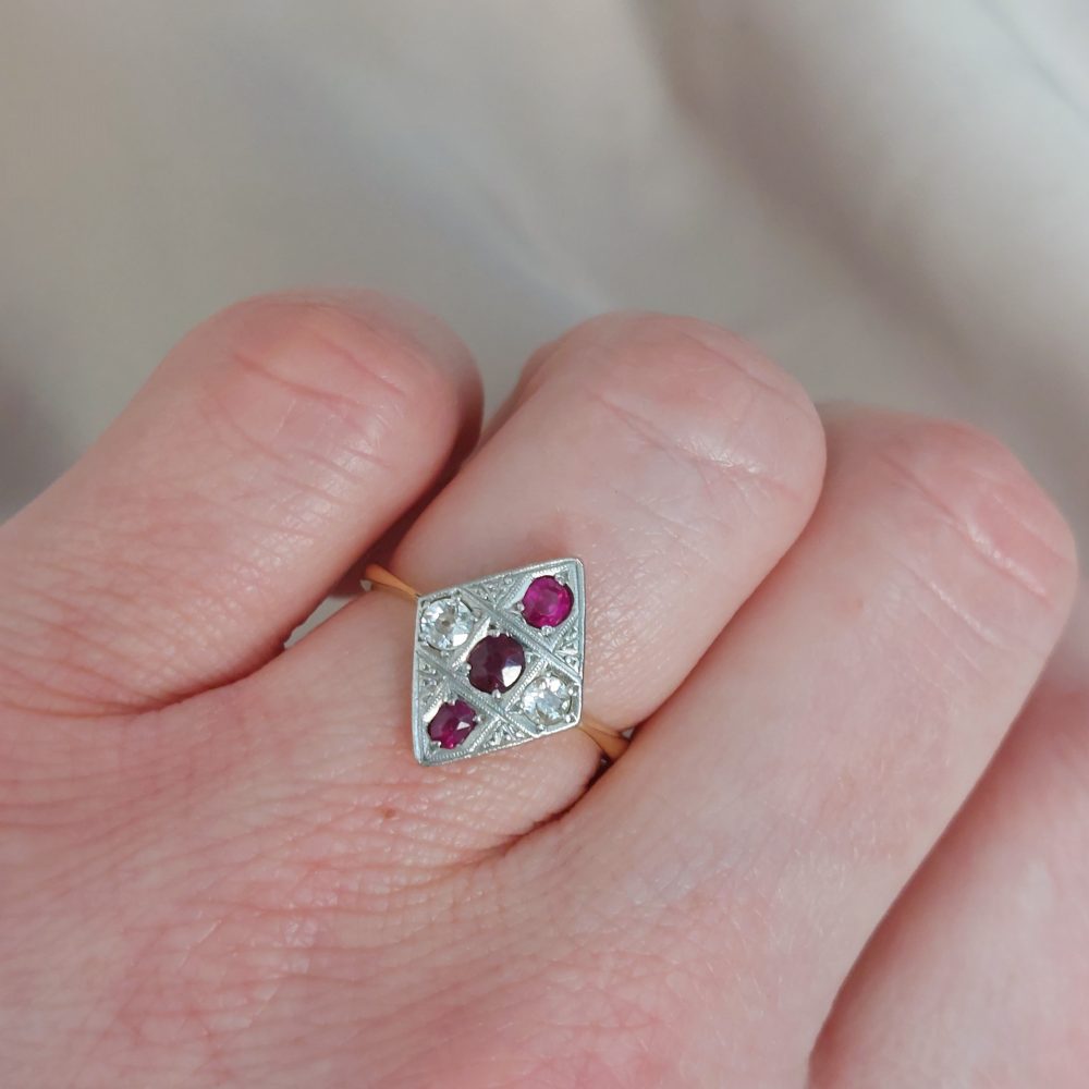 Art Deco Antique Ruby and Old Cut Diamond Kite Ring