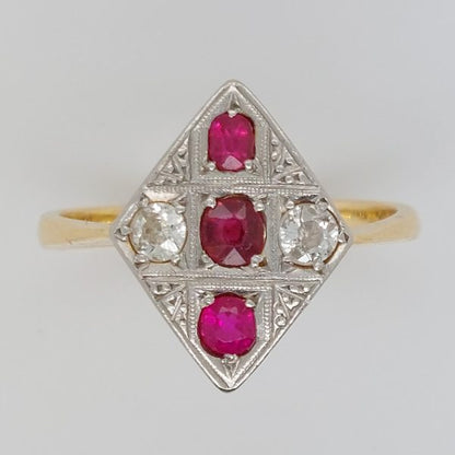 Art Deco Antique Ruby and Old Cut Diamond Kite Ring