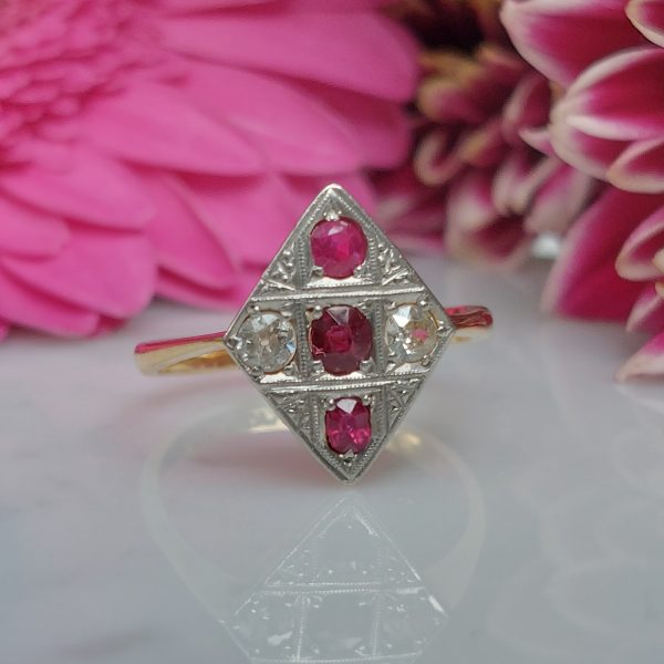 Art Deco Antique Ruby and Old Cut Diamond Kite Ring SPE5