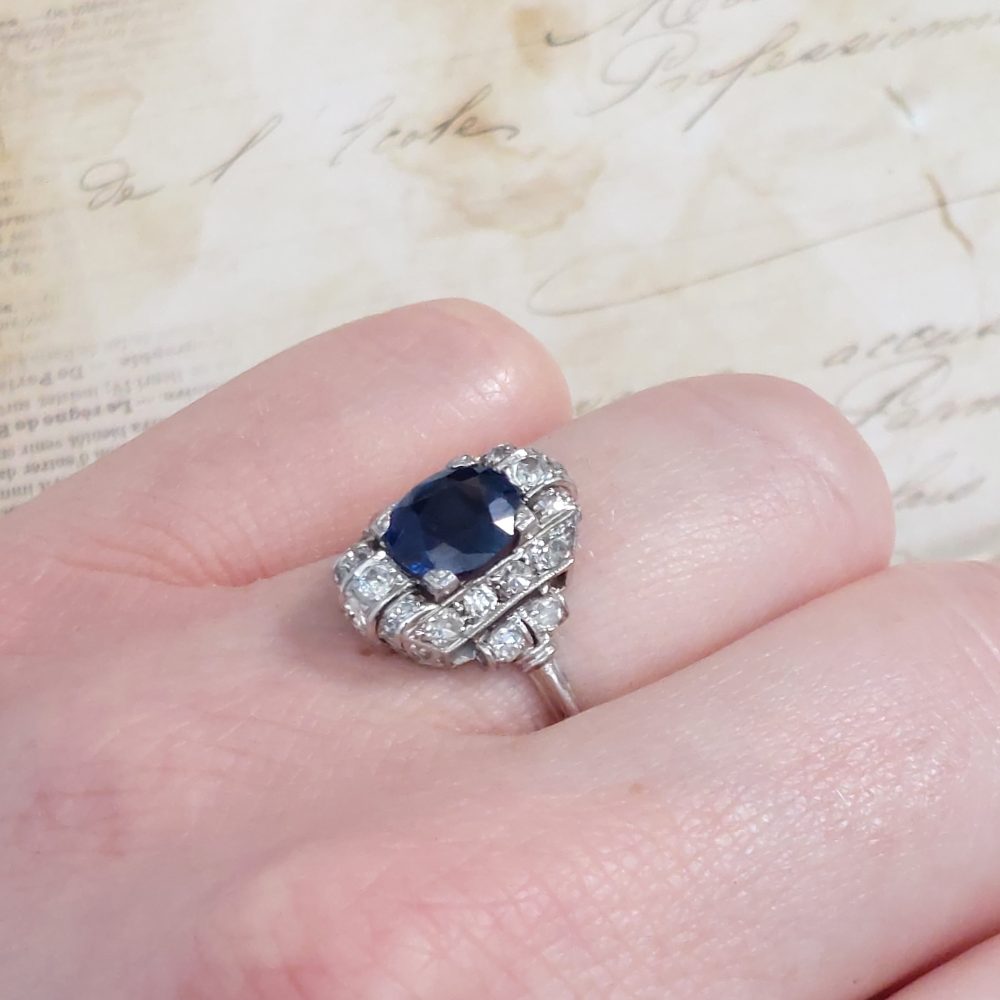 Art Deco Antique Sapphire and Diamond Cluster Ring, 1.29ct