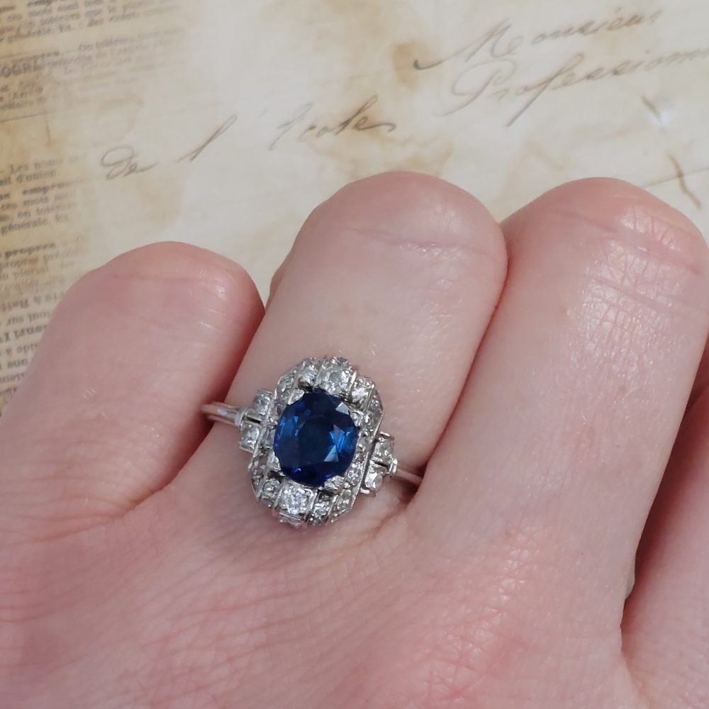 Art Deco Antique Sapphire and Diamond Cluster Ring, 1.29ct
