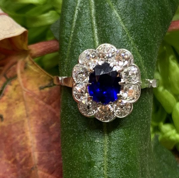 Art Deco Antique Sapphire and Diamond Cluster Ring