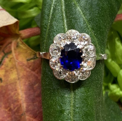 Art Deco Antique Sapphire and Diamond Cluster Ring