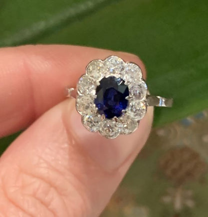 Art Deco Antique Sapphire and Diamond Cluster Ring