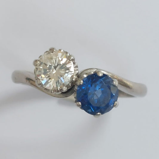 Art Deco Antique Sapphire and Diamond Crossover Ring