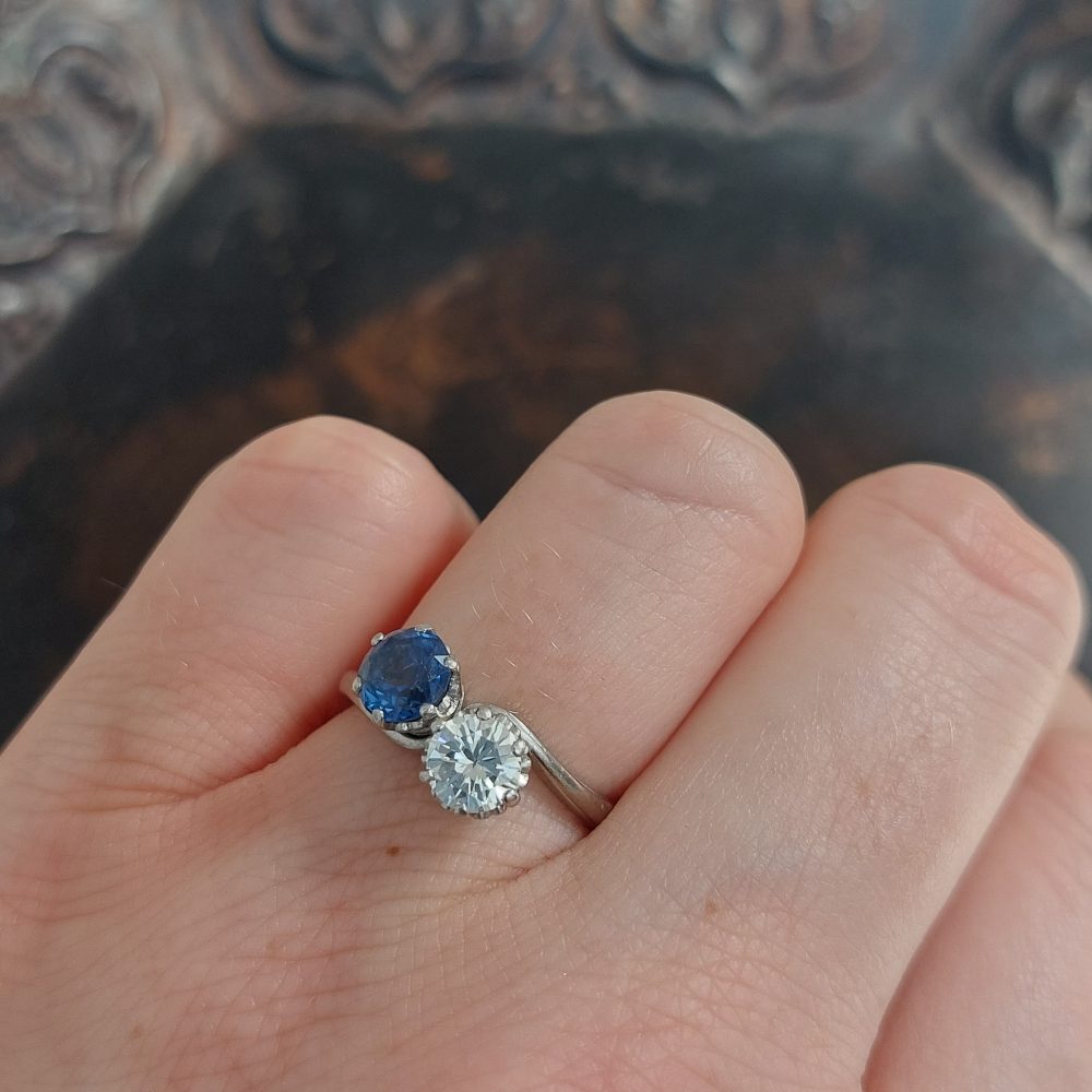 Art Deco Antique Sapphire and Diamond Crossover Ring