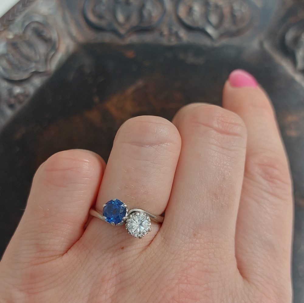 Art Deco Antique Sapphire and Diamond Crossover Ring