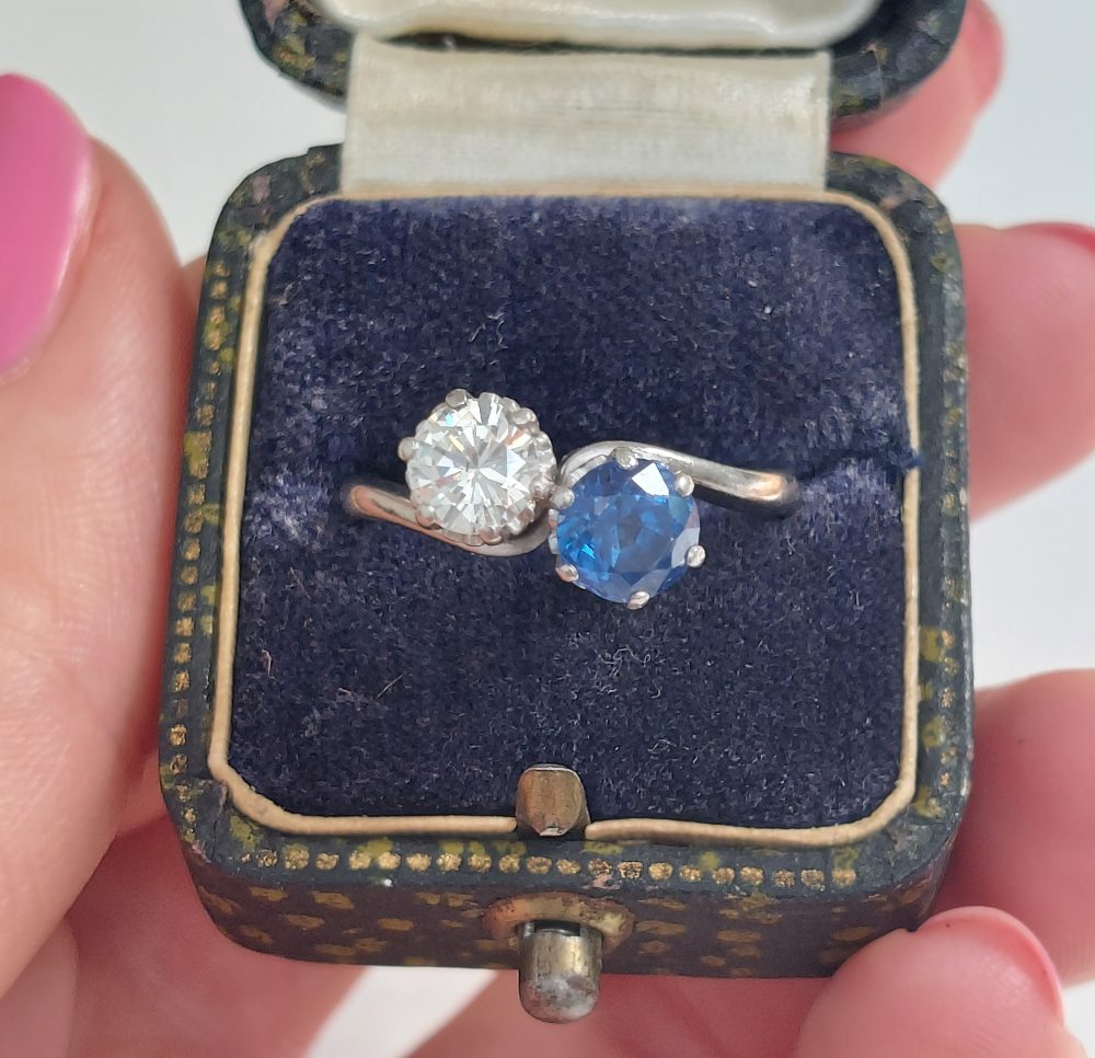 Art Deco Antique Sapphire and Diamond Crossover Ring