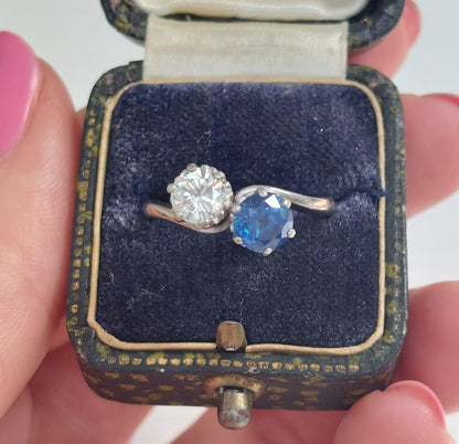 Art Deco Antique Sapphire and Diamond Crossover Ring