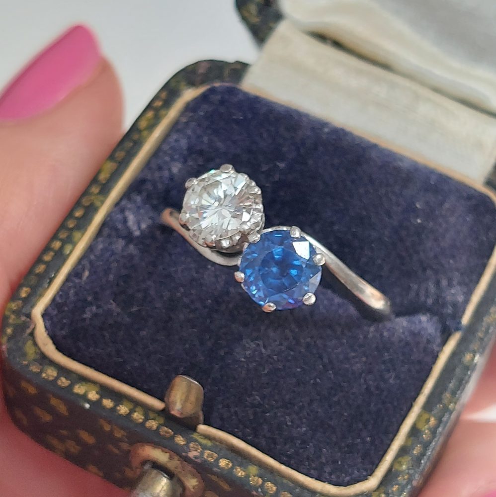 Art Deco Antique Sapphire and Diamond Crossover Ring
