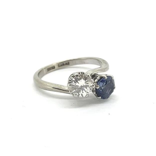Art Deco Antique Sapphire and Diamond Crossover Ring