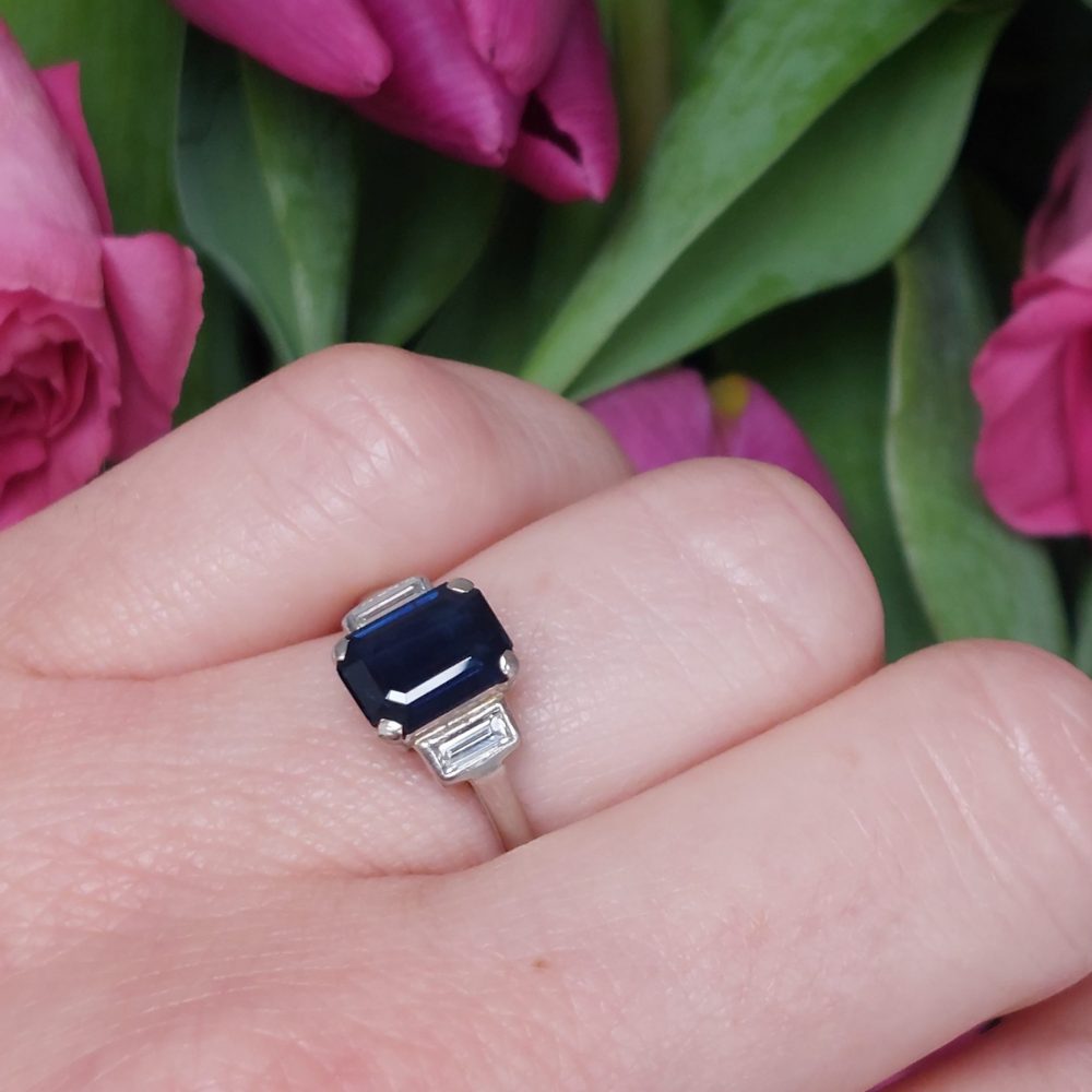 Art Deco Antique Sapphire and Diamond Engagement Ring