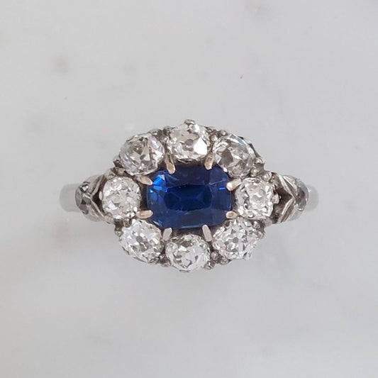 Art Deco Antique Sapphire and Old Cut Diamond Cluster Ring