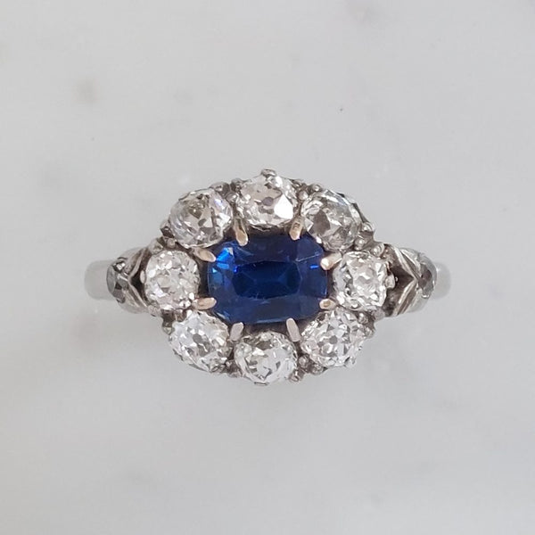 Art Deco Antique Sapphire and Old Cut Diamond Cluster Ring