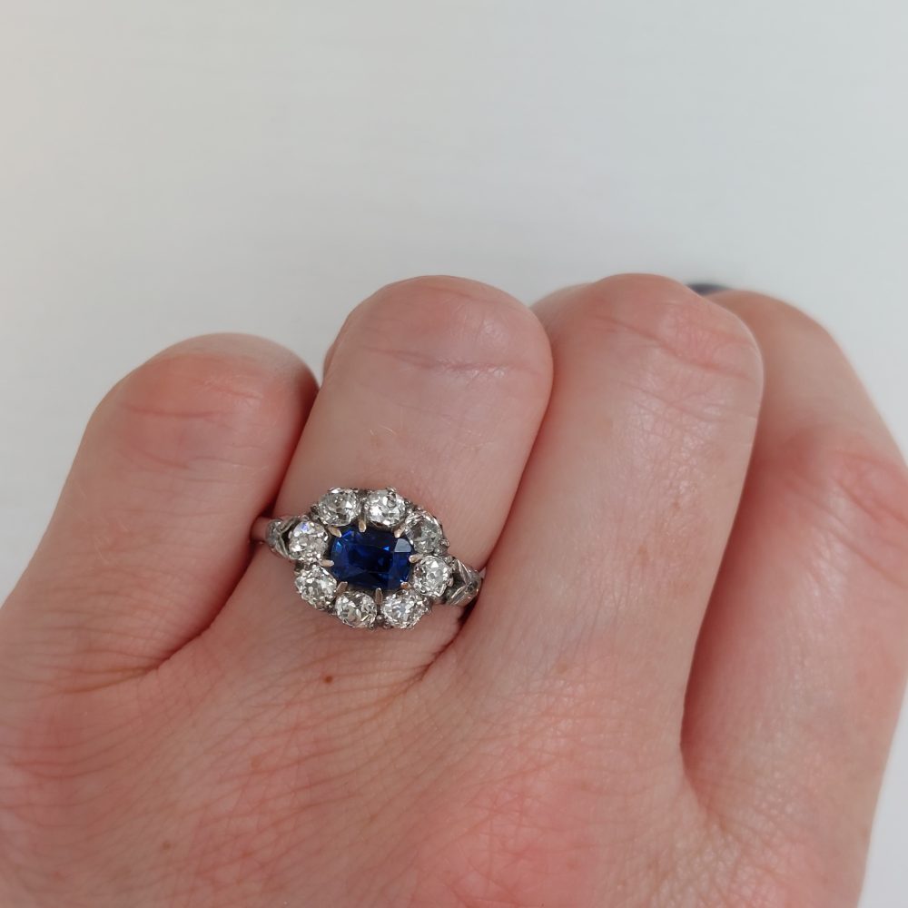 Art Deco Antique Sapphire and Old Cut Diamond Cluster Ring