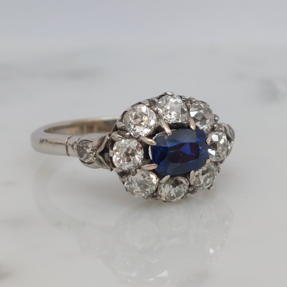 Art Deco Antique Sapphire and Old Cut Diamond Cluster Ring