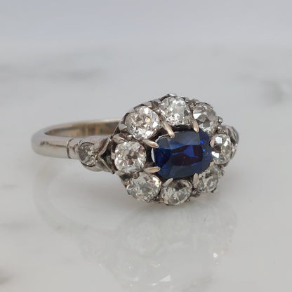 Art Deco Antique Sapphire and Old Cut Diamond Cluster Ring