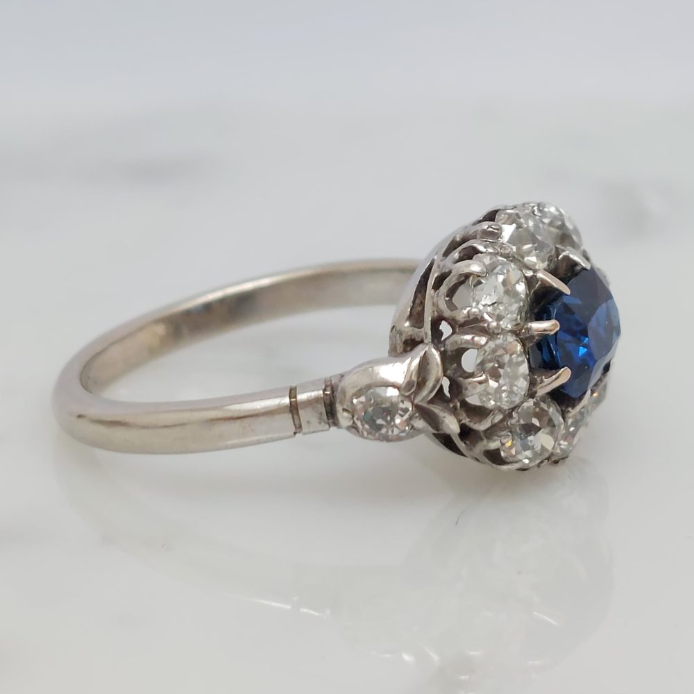 Art Deco Antique Sapphire and Old Cut Diamond Cluster Ring