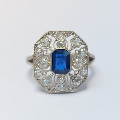Art Deco Antique Sapphire and Old Cut Diamond Cluster Ring