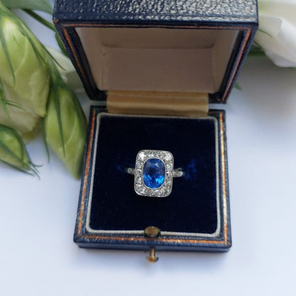 Art Deco Antique Sapphire and Old Mine Cut Diamond Cluster Ring