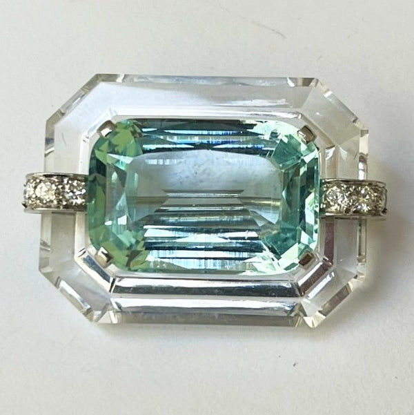 Art Deco Aquamarine and Rock Crystal Brooch with Diamonds