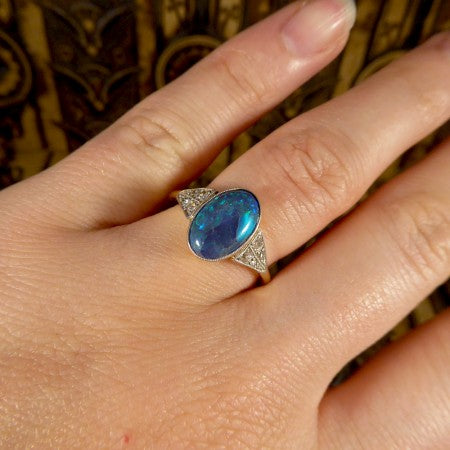 Art Deco Black Opal Ring with Diamond Shoulders in 18ct Gold and Platinum 1920 on finger