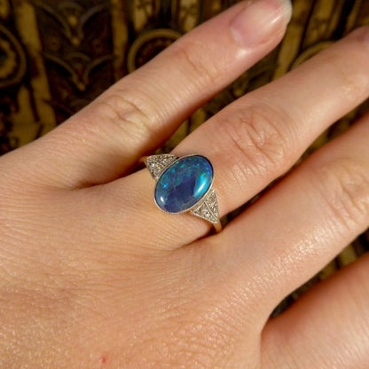 Art Deco Black Opal Ring with Diamond Shoulders in 18ct Gold and Platinum 1920 on finger