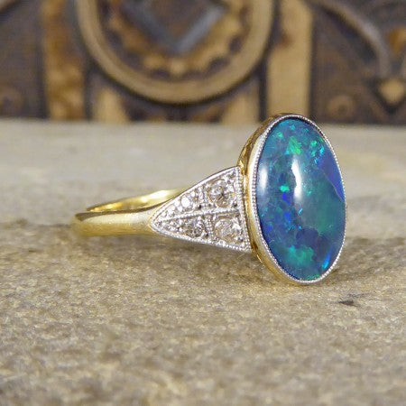 Art Deco Black Opal Ring with Diamond Shoulders in 18ct Gold and Platinum 1920