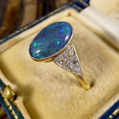 Art Deco Black Opal Ring in 18ct Gold