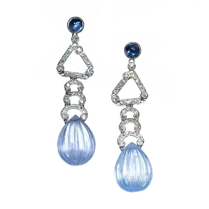 Art Deco Carved Watermelon Cut Ceylon Sapphire and Diamond Drop Earrings by Marzo