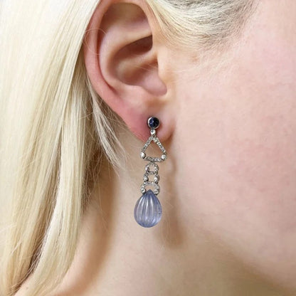 Art Deco Carved Watermelon Cut Ceylon Sapphire and Diamond Drop Earrings by Marzo