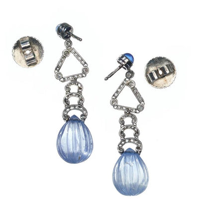 Art Deco Carved Watermelon Cut Ceylon Sapphire and Diamond Drop Earrings by Marzo