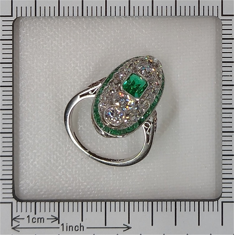Art Deco Natural Colombian Emerald and Diamond Oval Cluster Panel Plaque Ring