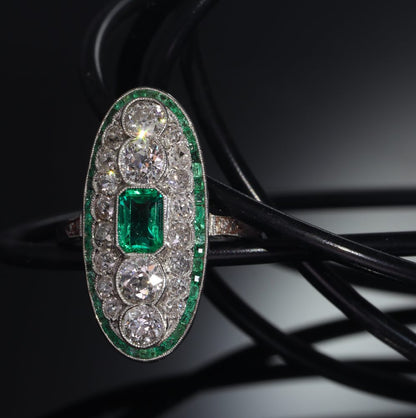 Art Deco Natural Colombian Emerald and Diamond Oval Cluster Panel Plaque Ring