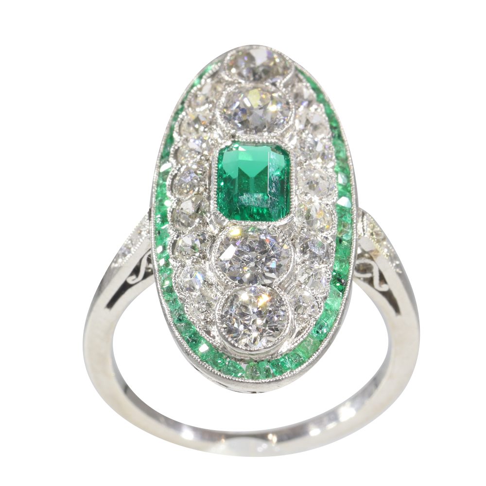 Art Deco Natural Colombian Emerald and Diamond Oval Cluster Panel Plaque Ring