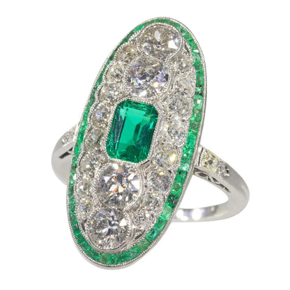 Art Deco Natural Colombian Emerald and Diamond Oval Cluster Panel Plaque Ring